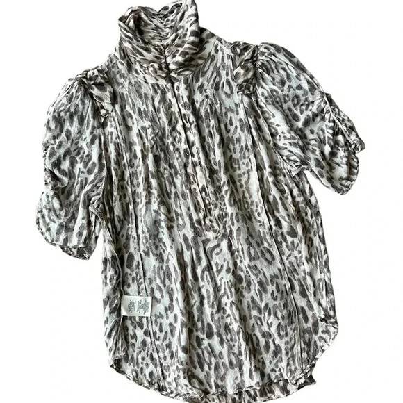 MaEVe | ANIMAL PRINT SHORT SLEEVE BLOUSE PLEATS BUTTON UP NECK | SIZE: 4 - Picture 10 of 12